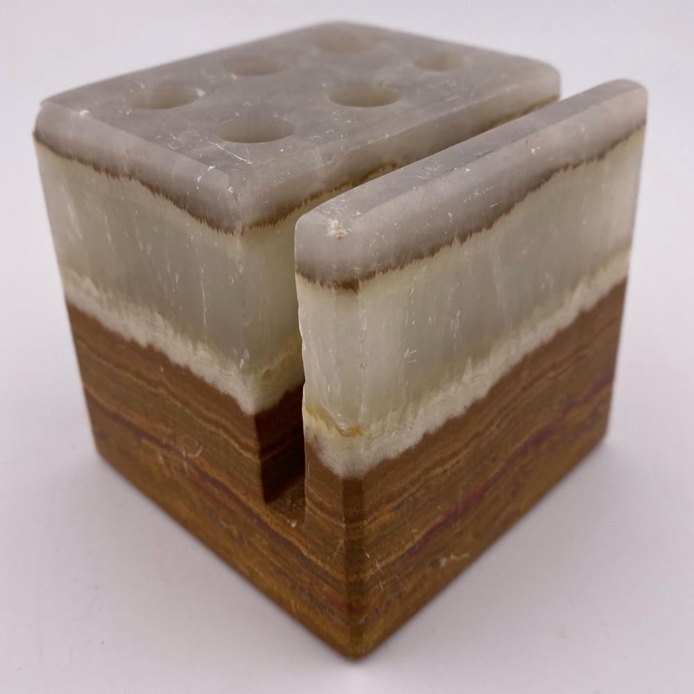 Vintage Natural Onix Stone Multi-Hole Pen and Notepad Holder